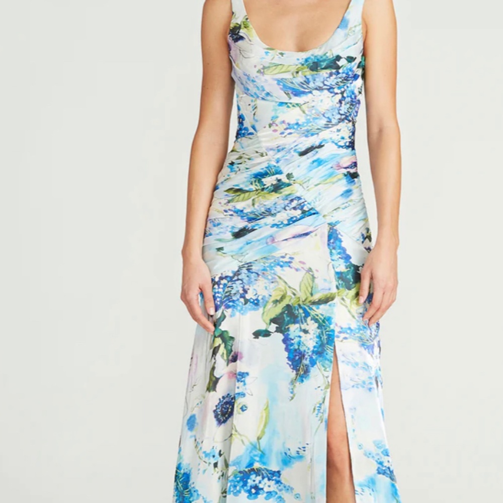 NWT Theia Couture MINA DRAPED LIQUID GOWN Satin Designer Floral Gown Sz 2
